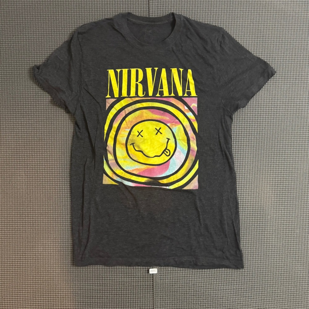 Nirvana Smiley Face Graphic T-Shirt Charcoal Grey Heather Medium